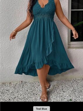 SHEIN Teal Blue Lace V-Neck High-Low Midi Dress